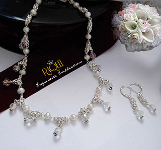 bridal pearl crystal chainmaille byzantine silver necklace set